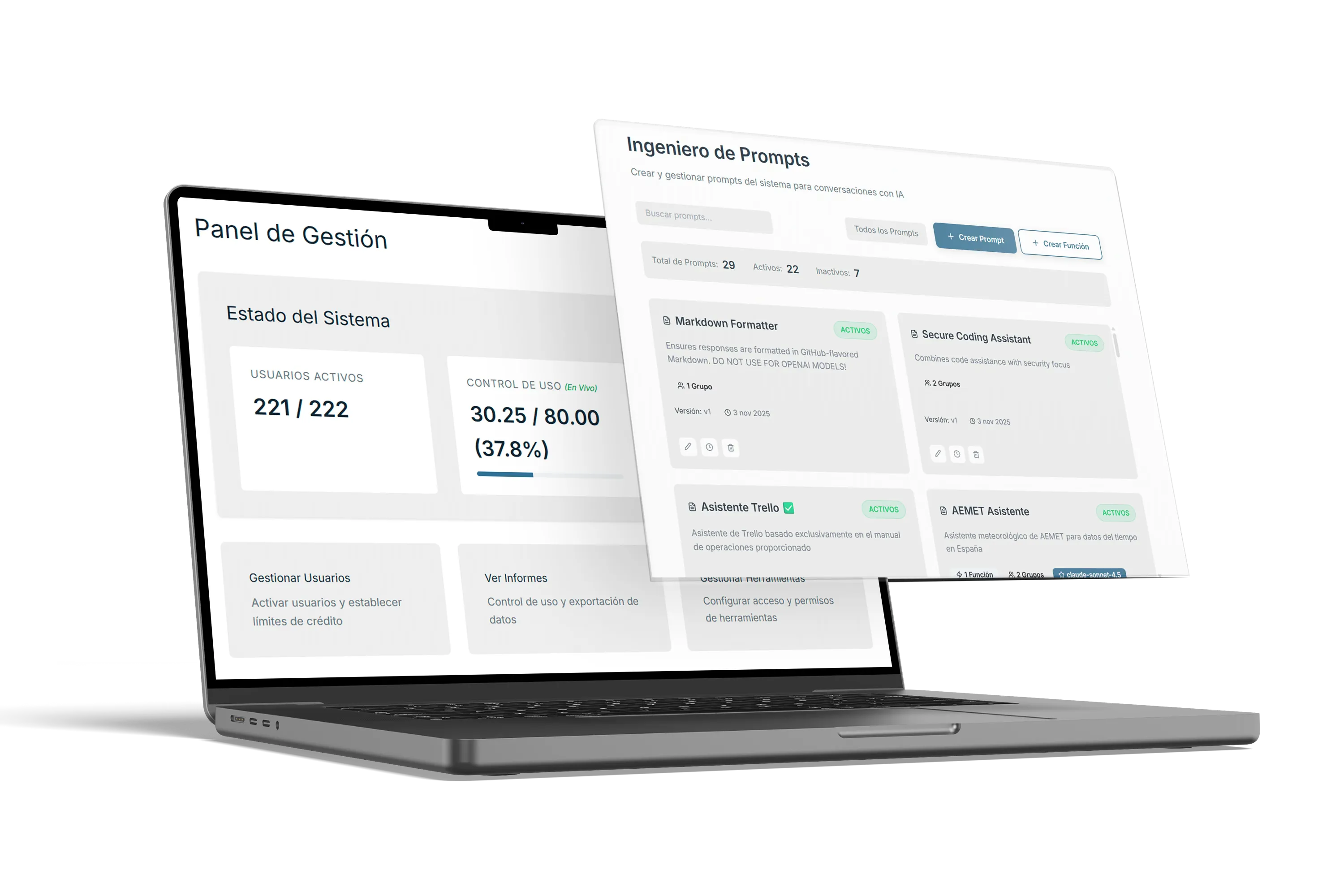 Portátil mostrando el panel de gestión y la biblioteca de prompts de Nexo